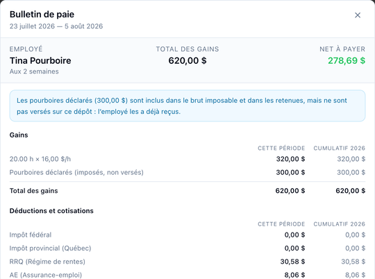 Bulletin de paie PaieFacile : gains, pourboires déclarés et cumulatifs annuels