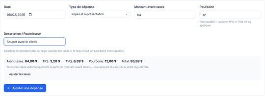 Saisie d'une dépense repas avec calcul automatique de la TPS, de la TVQ et du pourboire non taxable